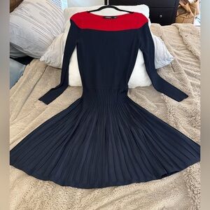 Ralph Lauren Navy Dress with Red Yoke — Long Sleeve Pleated Knit